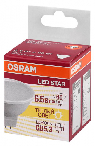Лампа светодиодная LED Star MR16 60110 6.5W/830 230V GU5.3 6.5Вт матовая 3000К тепл. бел. GU5.3 MR16 500лм 220-240В пластик. (замена 60Вт) OSRAM 4058075480551 фото 2