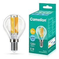 Лампа светодиодная филаментная LED12-G45-FL/845/E14 12Вт шар прозрачная 4500К бел. E14 220В Camelion 13713