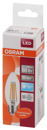Лампа светодиодная филаментная LED STAR CLASSIC B 60 5W/840 5Вт свеча 4000К нейтр. бел. E27 600лм 220-240В прозр. стекл. OSRAM 4058075212428 фото 2