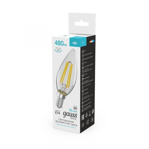 Лампа светодиодная филаментная Basic Filament 4Вт Свеча 4000К E14 480лм GAUSS 50312242 фото 4