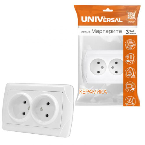 Розетка 2-м СП Маргарита 16А IP20 без заземл. бел. UNIVersal М0102 фото 3