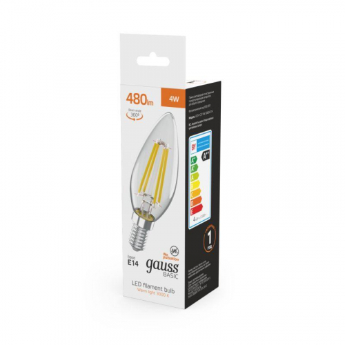 Лампа светодиодная филаментная Basic Filament 4Вт Свеча 3000К E14 480лм GAUSS 50312142 фото 4