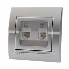 Розетка компьютерная + телефонная 2-м СП Deriy RJ45 + RJ11 серебр. метал. LEZARD 702-2828-143