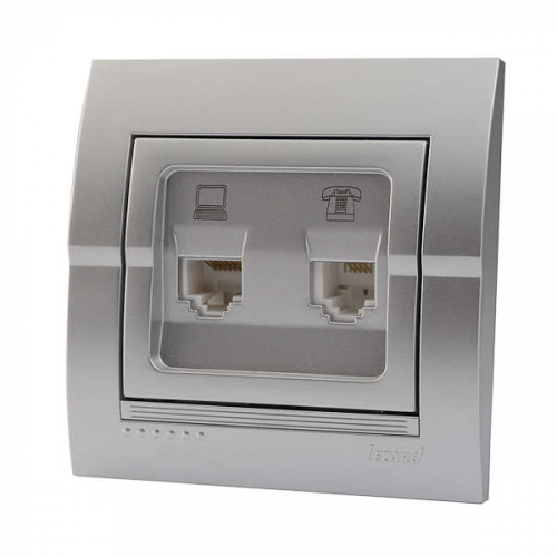Розетка компьютерная + телефонная 2-м СП Deriy RJ45 + RJ11 серебр. метал. LEZARD 702-2828-143