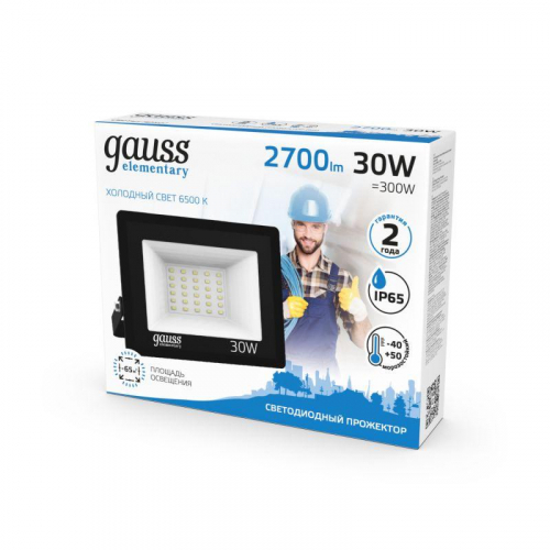 Прожектор светодиодный Elementary 30Вт 6500К IP65 2700лм 200-240В ДО черн. GAUSS 613100330 фото 6