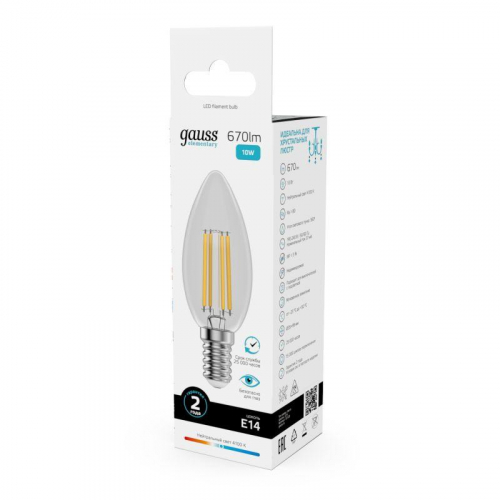Лампа светодиодная филаментная Filament Elementary 10Вт свеча 4100К Е14 670лм GAUSS 32120 фото 7
