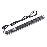Блок розеток 6-м PDU-6P-B-2EU 16А горизонт. евро/немецк. стандарт с автомат. выкл. шнур 2м для 19дюйм шкафов алюм. Cabeus 7292c