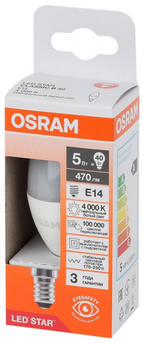 Лампа светодиодная LED Star 5Вт свеча 4000К E14 470лм (замена 40Вт) OSRAM 4058075696082 фото 3