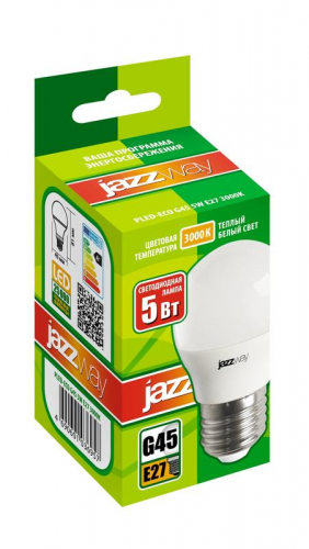 Лампа светодиодная PLED-ECO 5Вт G45 шар 3000К тепл. бел. E27 400лм 220-240В JazzWay 1036957A фото 2