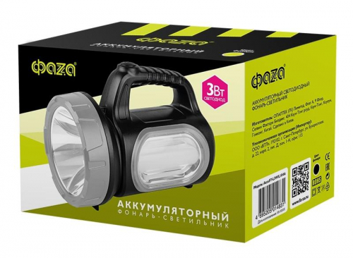 Фонарь-прожектор аккумуляторный AccuF7-L3W/L10-bk 3Вт 160лм + боков. панель 10х0.25Вт 50лм IP20 аккум. 0.9А.ч дальность луча прожектора 300м черн. ФАZА 5014831 фото 2