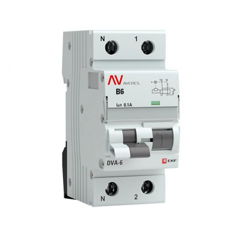 Выключатель автоматический дифференциального тока 2п B 6А 100мА тип AC 6кА DVA-6 Averes EKF rcbo6-1pn-6B-100-ac-av