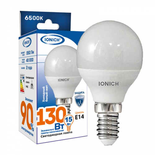 Лампа светодиодная P45 15Вт шар 6500К E14 1350лм 230В IONICH 1817