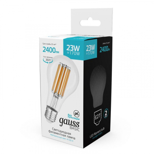 Лампа светодиодная филаментная Basic Filament А70 23Вт 4100К Е27 2400лм GAUSS 40712232 фото 5