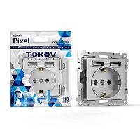 Розетка 1-м СП Pixel с заземл. с 2-мя заряд. устр. USB тип A+A механизм алюм. TOKOV ELECTRIC TKE-PX-R1U2A-C03