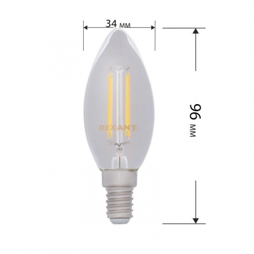 Лампа светодиодная филаментная 7.5Вт CN35 свеча прозрачная 4000К нейтр. бел. E14 600лм диммир. Rexant 604-088 фото 2