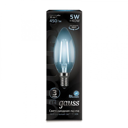 Лампа светодиодная филаментная Black Filament 5Вт свеча 4100К нейтр. бел. E14 450лм GAUSS 103801205 фото 6
