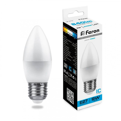 Лампа светодиодная LB-570 9Вт C37 свеча 6400К E27 230В FERON 25938