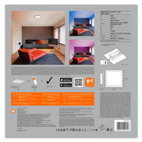 Светильник светодиодный SMART WIFI PLANON PLUS 30X30 RGBW LEDVANCE 4058075495708 фото 5