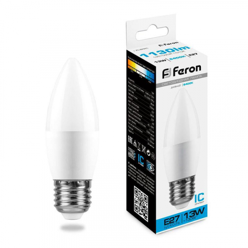 Лампа светодиодная LB-970 13Вт C37 свеча 6400К E27 230В FERON 38112