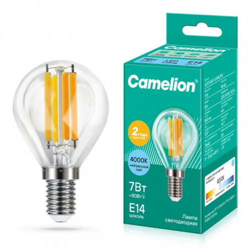 Лампа светодиодная филаментная LED7-G45-FL/845/E14 7Вт шар прозрачная 4500К бел. E14 220В Camelion 13458